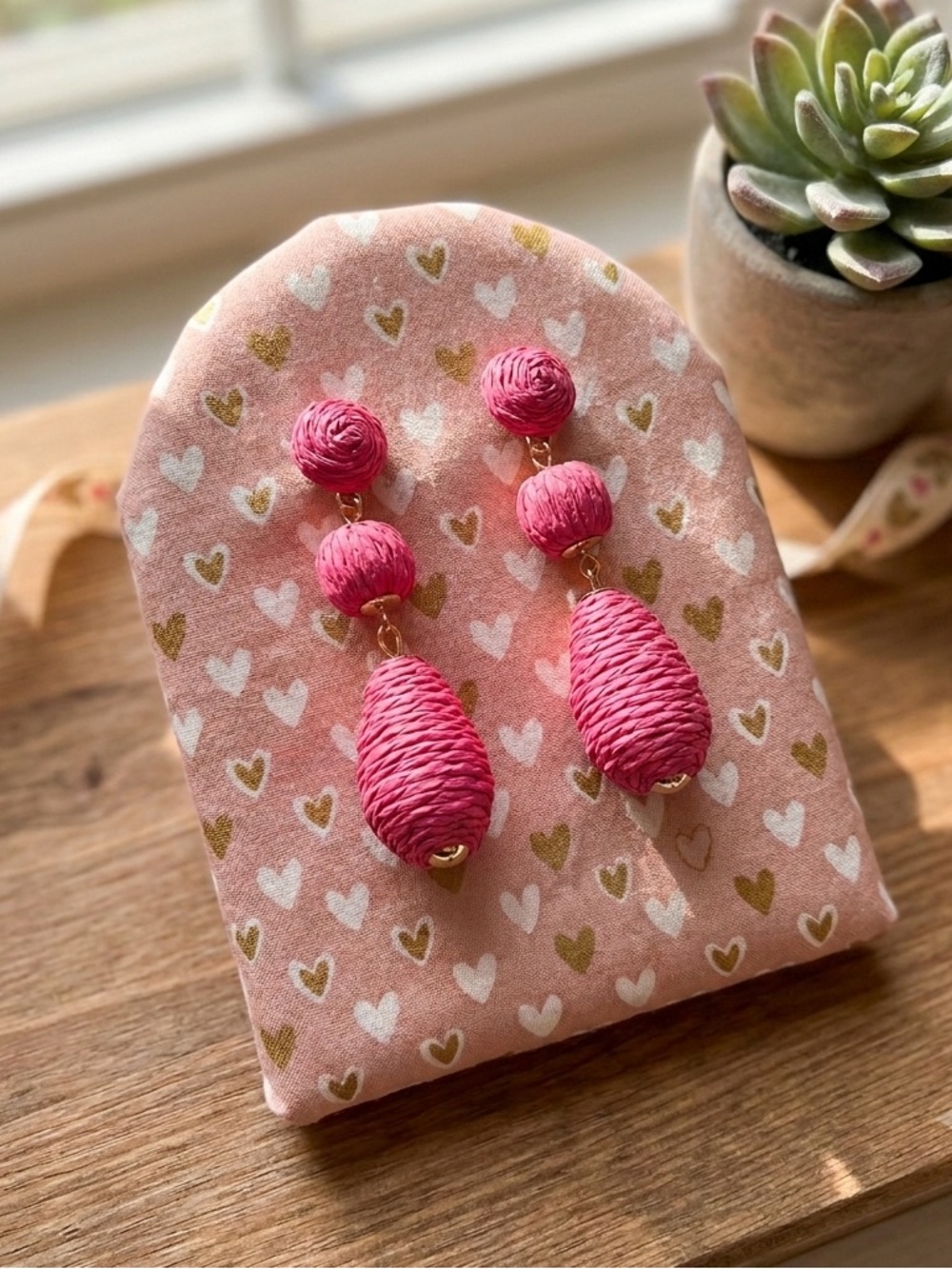 Handcrafted Pink Woven Drop Earrings